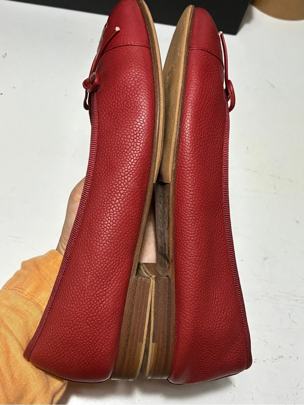 CHANEL Red caviar Leather Ballet Flats with Bow Detail